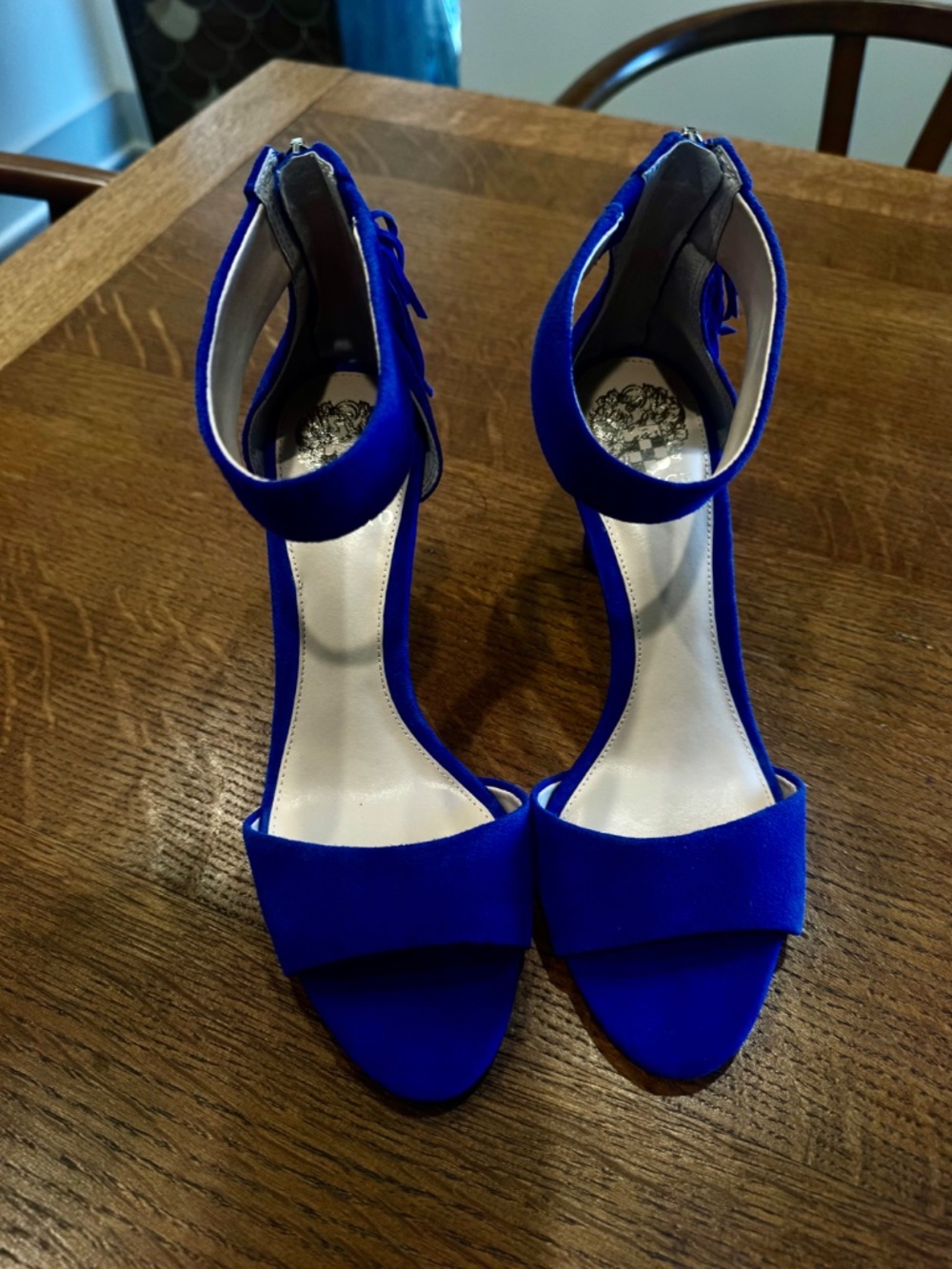 Vince Camuto Blue Suede-like Open Toe Stiletto Heals NWT. 8.5